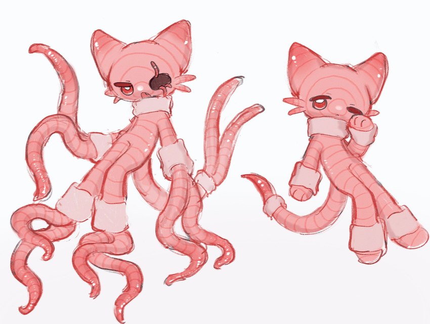 ambiguous_gender anthro empty_eye_socket kemono one_eye_closed simple_background solo white_background udmoxsg annelid domestic_cat earthworm felid feline felis hybrid mammal worm hi_res