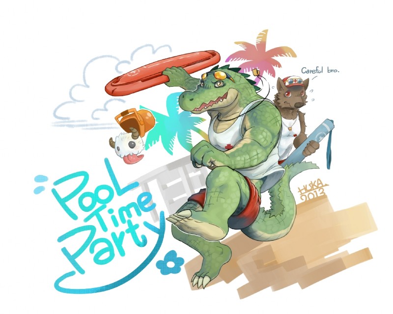 5_fingers anthro bottomwear brown_body brown_eyes brown_fur claws clothing countershading fingers fur green_eyes group lifeguard male rescue_buoy shirt shorts simple_background standing tank_top text topwear whistle_(object) huka league_of_legends riot_games tencent pool_party_renekton renekton canid canine canis crocodile crocodilian mammal poro reptile scalie wolf 2013 english_text