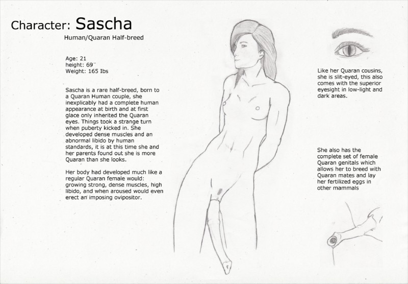 abs breasts egg female genitals looking_at_viewer muscular muscular_female muscular_humanoid nipples not_furry nude oviposition ovipositor pussy simple_background small_breasts smile solo text ascensus_(artist) humanoid black_and_white english_text model_sheet monochrome