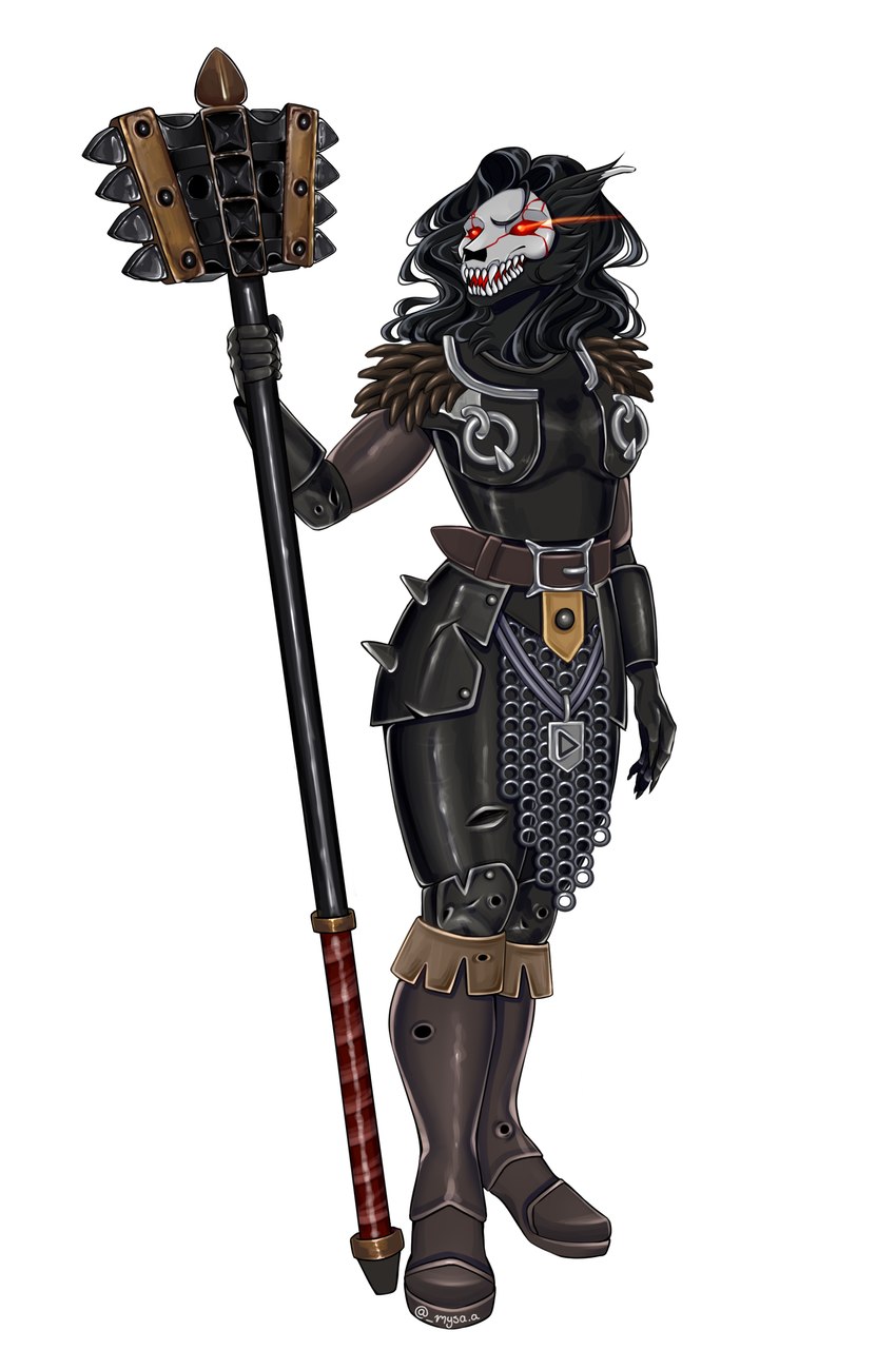 anthro armor black_armor black_body black_fur black_hair bone boots clothing female footwear fur glowing glowing_eyes hair leather leather_boots leather_clothing leather_footwear mace melee_weapon polearm red_eyes shoes skull skull_head solo weapon mysa.a stygia_(timestay) beowolf_(rwby) demi_grimm grimm_(rwby) absurd_res hi_res