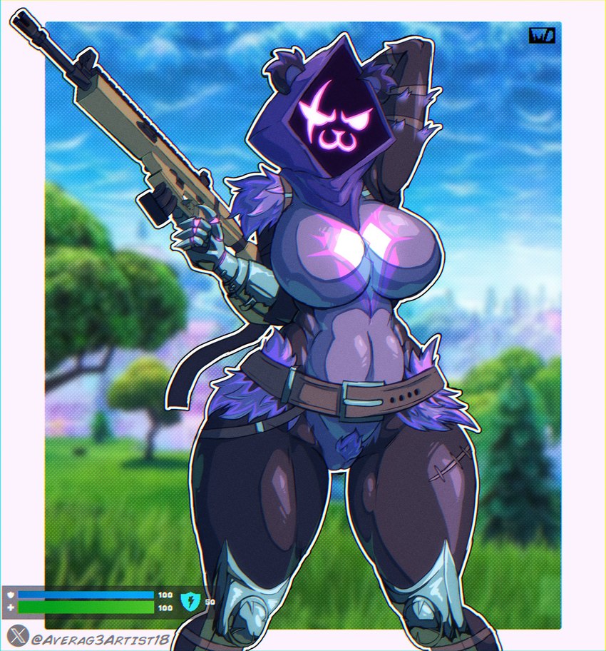 anthro armor belt big_breasts blurred_background breasts clothing crotch_tuft eye_scar facial_scar female gameplay_mechanics gauntlets genitals gloves gun hand_behind_head handwear holding_gun holding_object holding_ranged_weapon holding_rifle holding_weapon innie_pussy leg_armor looking_at_viewer pussy ranged_weapon rifle scar shadow_face smile solo thick_thighs tuft twitter_handle weapon averag3artist epic_games fortnite raven_team_leader bear mammal 2024 artist_name hi_res