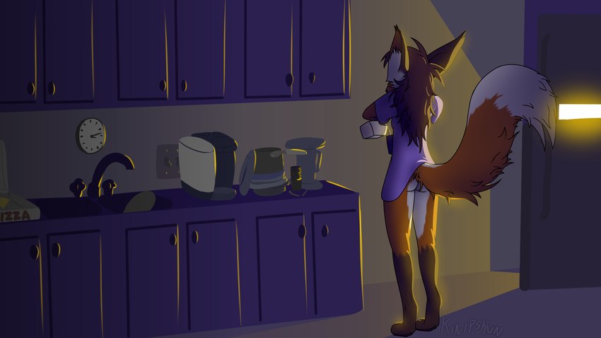 analog_clock anthro appliance bottomless bottomless_female breasts brown_hair butt cabinet clock clothed clothing coffee_maker container countershade_legs countershading cup dairy_products digitigrade dipstick_ears dipstick_tail dishes ear_markings female food fridge fur fur_markings hair holding_container holding_cup holding_object inner_ear_fluff inside kitchen kitchen_appliance kitchen_counter kitchen_sink kitchen_utensils leg_markings light_switch markings milk milk_carton milk_container multicolored_ears night orange_body orange_fur pizza_box pouring pouring_milk purple_clothing purple_shirt purple_topwear raised_tail shirt shirt_only small_breasts socks_(marking) solo standing tail tail_markings tools topwear topwear_only tuft kinipshun michelle_(kinipshun) alderian canid canine fox mammal red_fox true_fox 16:9 absurd_res digital_media_(artwork) hi_res widescreen