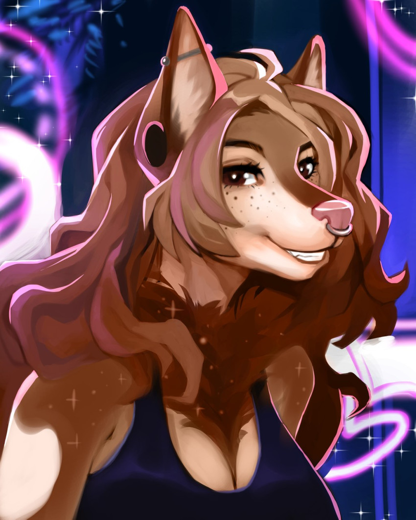 anthro breasts brown_hair clothed clothing ear_piercing ear_ring eyebrows eyelashes facial_piercing female gauged_ear hair industrial_piercing looking_at_viewer nose_piercing nose_ring piercing pink_nose ring_piercing septum_piercing smile solo melamoryblack kamalia_mingan canid canine canis domestic_dog mammal 2020 4:5 digital_media_(artwork) headshot_portrait hi_res portrait