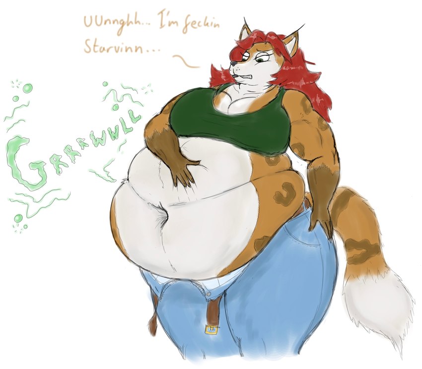 anthro belly belt big_belly bottomwear brown_body brown_fur clothing deep_navel denim denim_bottomwear denim_clothing dialogue dipstick_ears dipstick_limbs dipstick_tail ear_markings ear_tuft female fur green_clothing green_eyes hair hand_on_belly hand_on_hip hungry jeans long_hair markings multicolored_ears musclegut muscular muscular_female navel obese obese_female onomatopoeia open_belt overweight overweight_female pants red_hair rumbling_stomach shirt slightly_chubby slightly_chubby_female solo sound_effects tail tail_markings tan_body tan_fur tank_top text topwear tuft unbuttoned_pants isabelly riley_o'shane felid feline lynx lynxuki mammal 2023 absurd_res colored hi_res