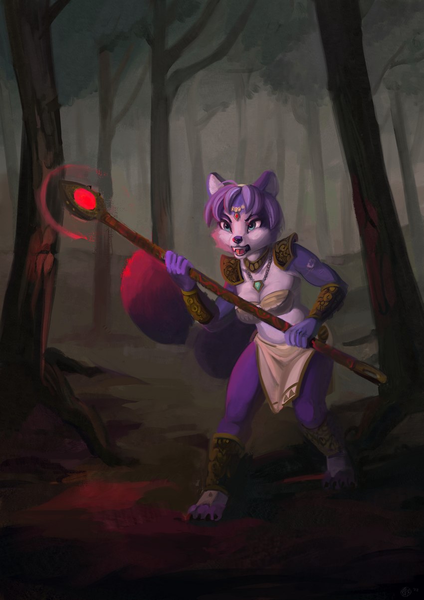 action_pose anthro armor clothing female forest krystal's_staff magic open_mouth plant pose solo tree toisanemoif nintendo star_fox starfox_adventures krystal_(star_fox) canid canine fox humanoid mammal 2022 absurd_res hi_res