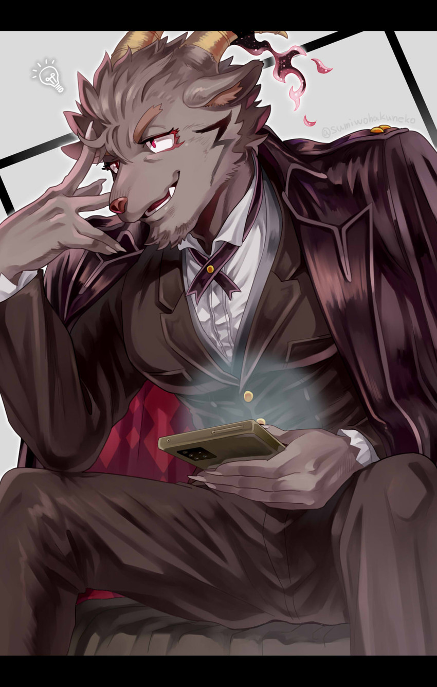 anthro black_body black_fur butler cellphone clothing electronics eyeliner fur makeup male phone smartphone solo suit sumiwohakuneko lifewonders tokyo_afterschool_summoners mephistopheles_(tas) bovid caprine demon goat mammal hi_res