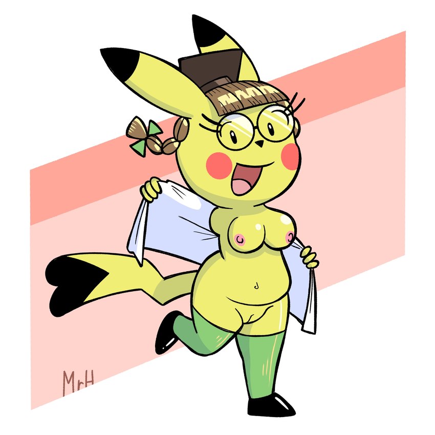 anthro belly breasts cleft_tail clothing coat cosplay_pikachu_(costume) eyelashes eyewear female flashing fur genitals glasses lab_coat long_socks looking_at_viewer nipples open_mouth pussy simple_background solo standing tail topwear undressing yellow_body yellow_fur el_senor_erizo nintendo pokemon cosplay_pikachu_(character) pikachu_ph._d generation_1_pokemon mammal pikachu pokemon_(species) rodent 1:1 hi_res