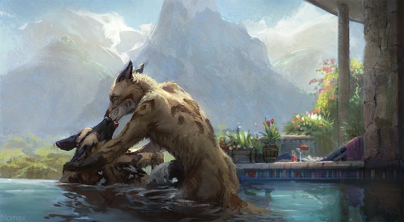 ambiguous_gender anthro day detailed_background duo kissing male male/ambiguous nude outside partially_submerged sky swimming_pool water nomax african_wild_dog canid canine canis coyote mammal