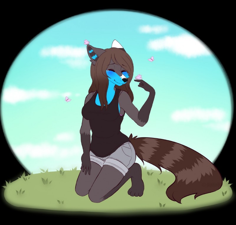 anthro blush bodily_fluids clothed clothing female feral fur group hair kneeling outside tears nanokyuu arthropod butterfly canid canine insect lepidopteran mammal hi_res