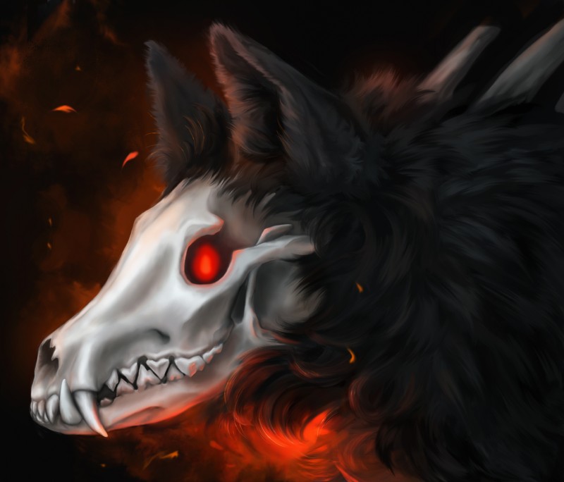 black_body black_fur fur glowing glowing_eyes red_eyes skill solo muns11 abyssal_wolf 2019 digital_media_(artwork) headshot_portrait hi_res portrait