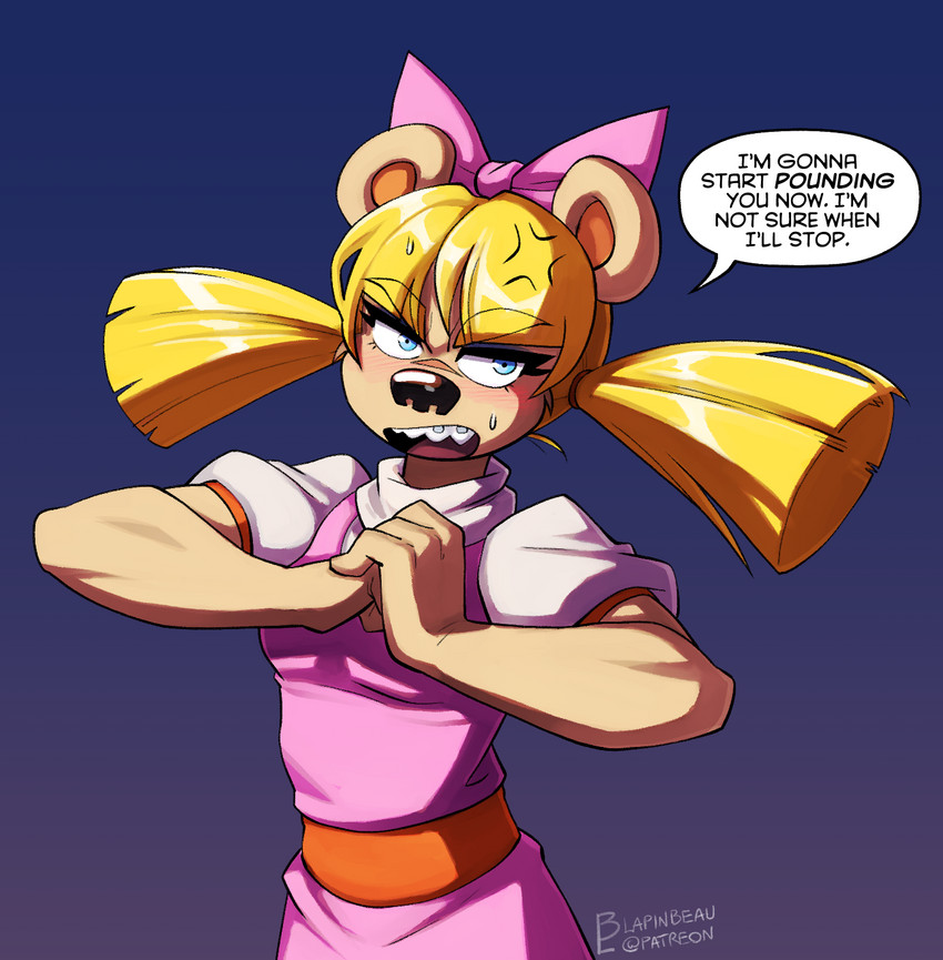 braces bully clothing cosplay dialogue dress female looking_at_viewer ribbons solo text ishi naughtyjester hey_arnold! nickelodeon helga_pataki krista_blonde bear mammal english_text hi_res