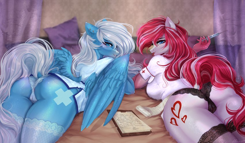 anthro bed blue_body blue_eyes blue_fur camel_toe clothing duo female female/female fur furniture hair legwear looking_at_viewer nurse nurse_clothing nurse_uniform on_bed panties red_hair stockings syringe tail underwear uniform white_hair white_tail wings alicesmitt31 hasbro my_little_pony mythology cherry_pop_(xanthor) fan_character icy_heart earth_pony equid equine horse mammal mythological_creature mythological_equine pegasus pony hi_res