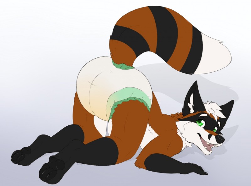 anthro ass_up biped black_body black_fur black_nose black_pawpads bodily_fluids brown_body brown_fur butt clothed clothing diaper fangs fur furgonomics genital_fluids green_eyes kneeling looking_at_viewer male open_mouth pawpads paws simple_background solo teeth unclean_diaper urine used_diaper wearing_diaper wet_diaper wetting white_background white_body white_fur imply mammal 2020