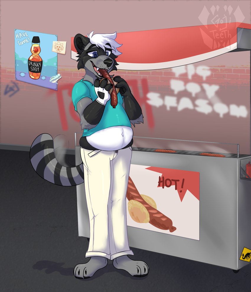 anthro barefoot belly black_claws black_inner_ear black_inner_ear_fluff black_nose black_pawpads blue_clothing blue_eyes blue_shirt blue_t-shirt blue_topwear bodily_fluids bottomwear claws clothed clothing detailed_background dripping eating eating_food feet finger_claws fingerless_gloves food food_in_mouth food_stand fully_clothed fur gloves graffiti graffiti_on_wall grey_body grey_fur hair handwear happy hindpaw holding_food holding_object inner_ear_fluff logo looking_at_food looking_at_object male male_anthro markings meat narrowed_eyes navel open_mouth open_smile overweight overweight_anthro overweight_male pants pawpads paws pink_tongue plantigrade poster red_text ring_(marking) ringed_tail sausage shirt smile snout solo standing sticker striped_markings striped_tail stripes stuffing t-shirt tail tail_markings tail_motion tailwag teeth text toe_claws tongue topwear tuft weight_gain whisker_spots white_bottomwear white_clothing white_fingerless_gloves white_gloves white_hair white_handwear white_pants white_text gojiteeth sam_(djsolshepherd) mammal procyonid raccoon 2022 artist_logo digital_drawing_(artwork) digital_media_(artwork) e621_post_recursion english_text handwritten_text hi_res shaded soft_shading watermark