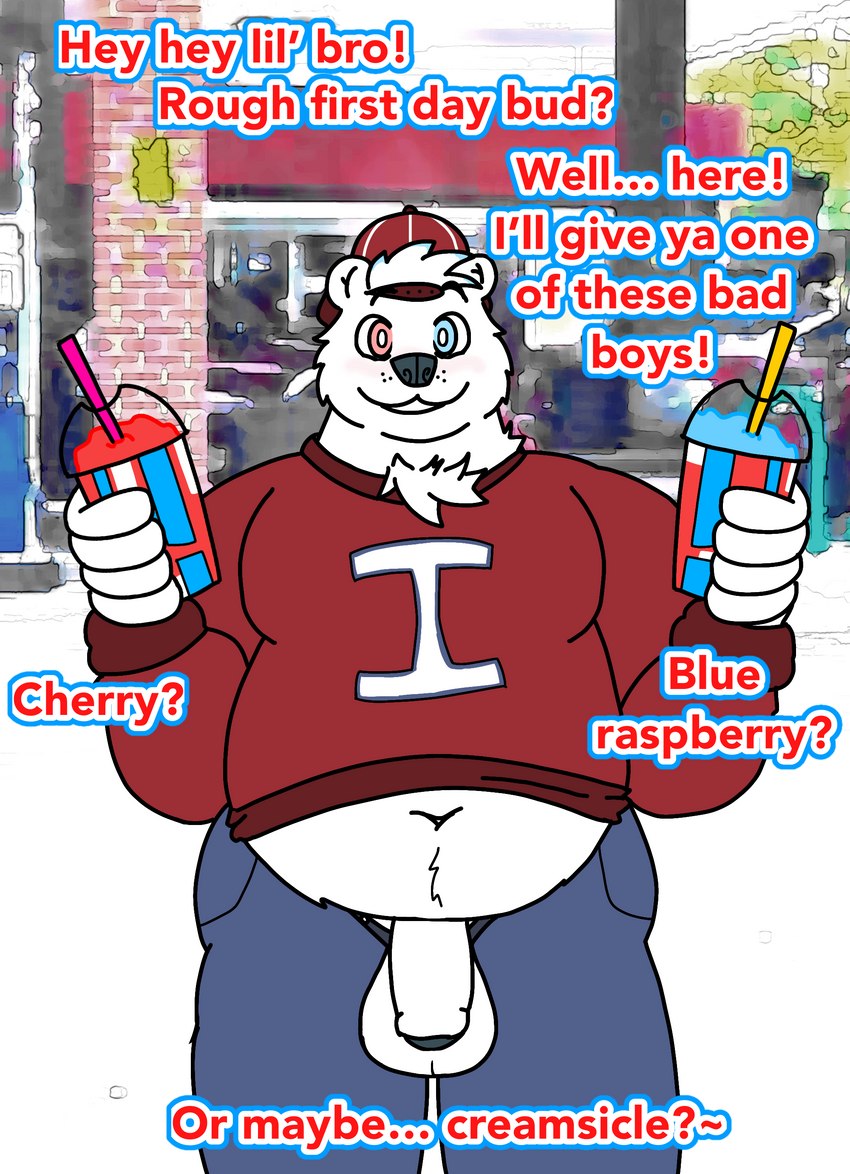 anthro belly_overhang belly_tuft blush chest_tuft clothed clothing flaccid genitals heterochromia male overweight overweight_male penis solo text tuft wardrobe_malfunction nanozapz icee icee_bear_(icee) bear mammal polar_bear ursine absurd_res english_text hi_res