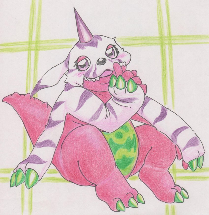 animal_skin anthro blush claws horn male pink_body red_eyes shush solo tabasukotrr bandai_namco digimon digimon_(species) psychemon hi_res traditional_media_(artwork)