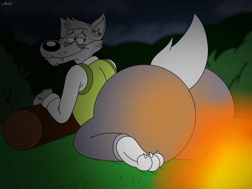 anthro bedtime big_butt black_nose buns butt butt_on_fire camp campfire camping clothed clothing ear_fur eyewear feet fire forest fur glasses grey_body grey_fur huge_butt huge_hips huge_thighs looking_at_another looking_back looking_pleasured male mascot mature_anthro mature_male multicolored_body multicolored_fur night plant pose presenting presenting_hindquarters raised_tail sexy_eyes smile solo tail teasing thick_thighs tree two_tone_body two_tone_fur warming wide_hips wolf_tail wood furrylovepup_v2 symbicort_commercial canid canine canis mammal wolf 4:3 pinup