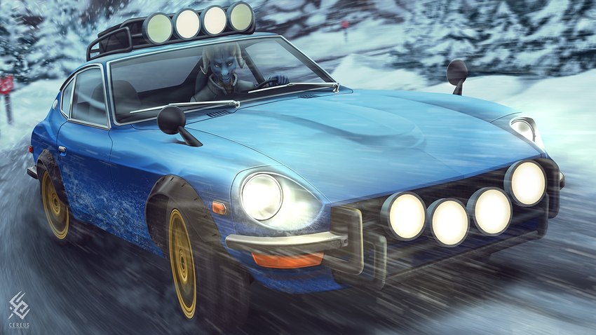 anthro blue_body car closed_smile clothed clothing detailed_background driving grey_clothing grey_horn grey_jacket grey_topwear horn inside_car inside_vehicle jacket logo looking_at_viewer male motion_blur motor_vehicle mouth_closed sitting smile snow snowing solo topwear vehicle yellow_eyes cereus93 datsun mythology nissan dragon mythological_creature mythological_scalie scalie artist_logo artist_name