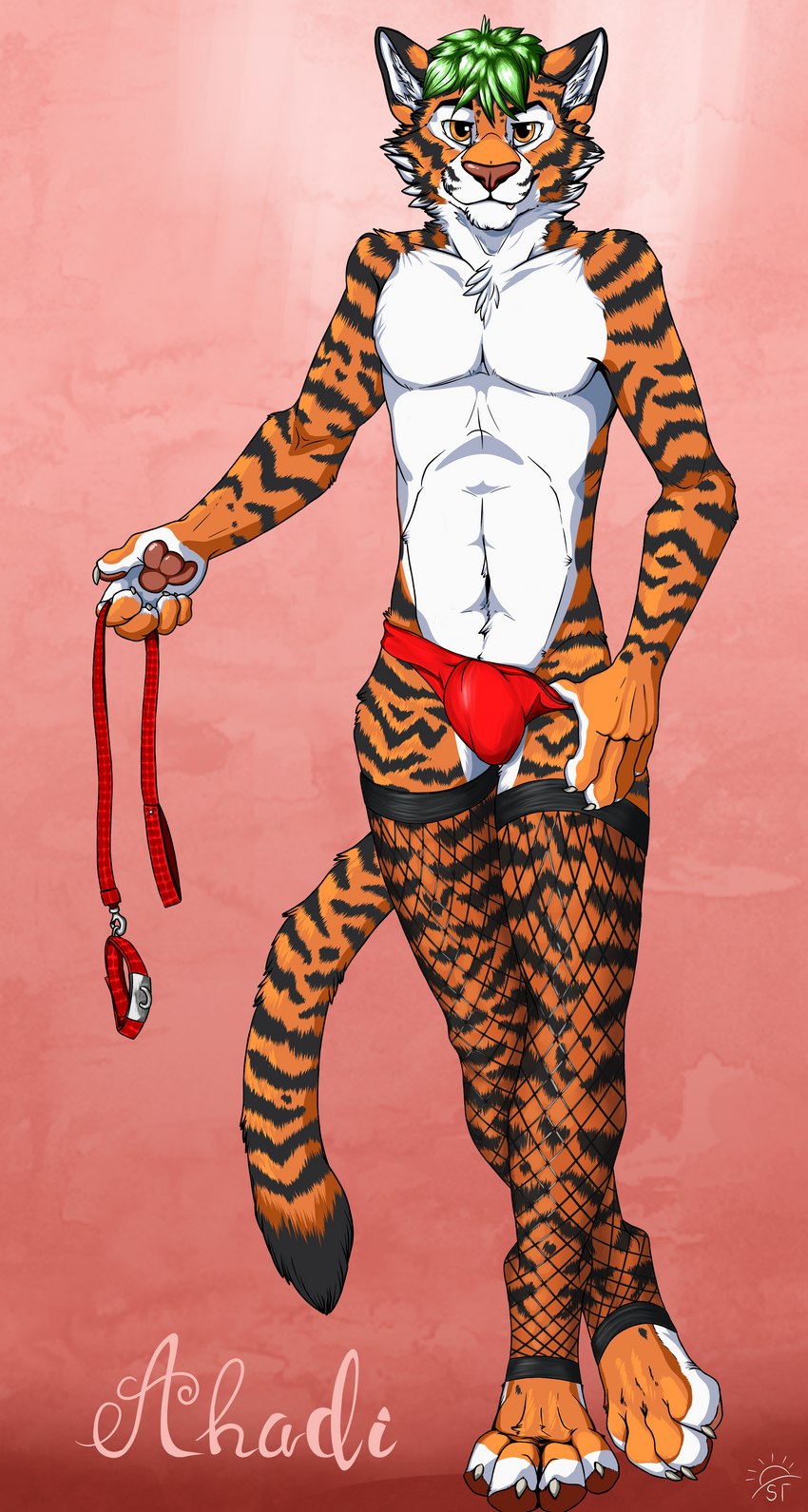 anthro clothing collar cute_fangs fangs fishnet_clothing fishnet_leggings fishnet_legwear leash leashed_collar leggings legwear looking_at_viewer male plantigrade pose simple_background solo stripes suggestive teeth sunny_frostwolf ahaditiger felid mammal pantherine siberian_tiger tiger absurd_res hi_res pinup