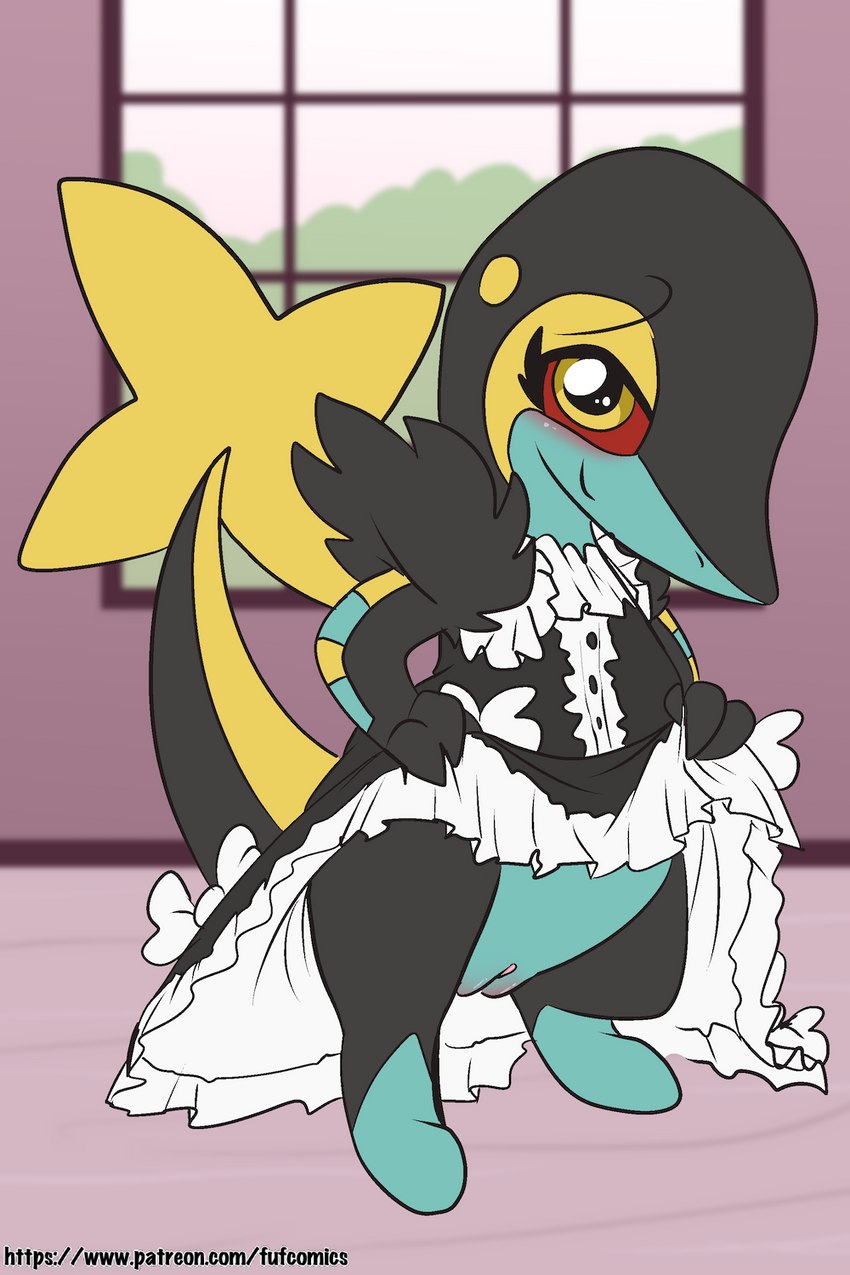 anthro blush clothed clothing clothing_lift dress dress_lift female genitals pussy red_eyes solo uniform young young_anthro young_female fuf nintendo pokemon lydia_the_snitra generation_4_pokemon generation_5_pokemon hybrid luxray pokemon_(species) snitra snivy 2:3 hi_res