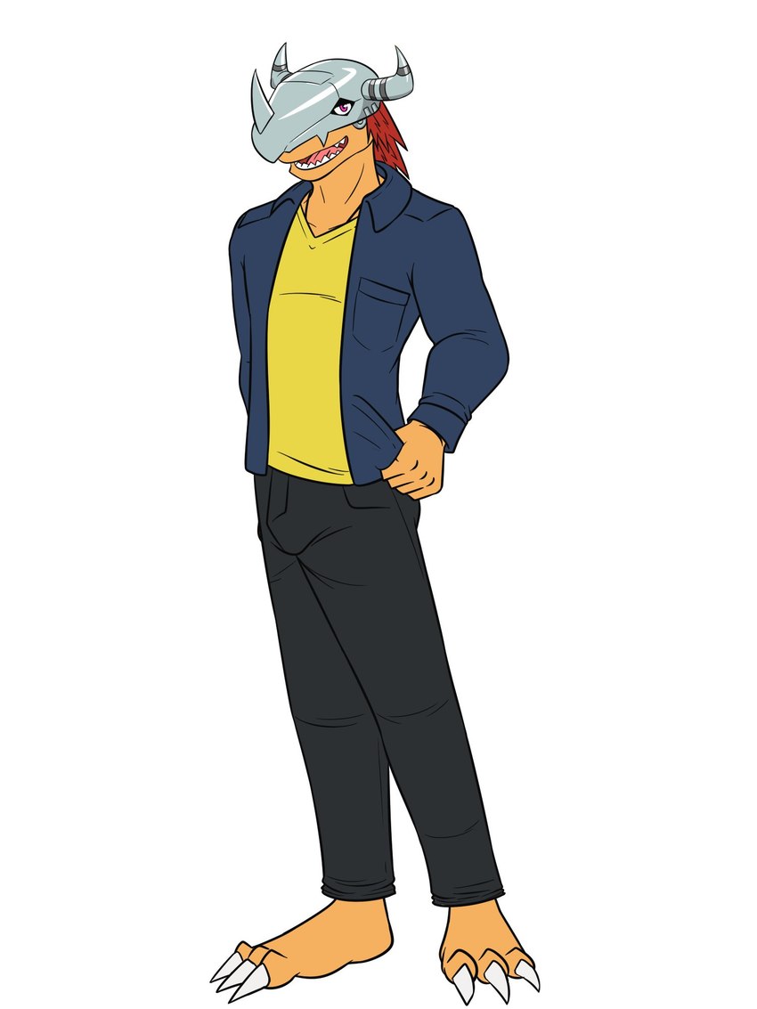 anthro anthrofied barefoot bottomwear clothed clothing feet fully_clothed jacket male pants shirt simple_background solo topwear white_background fuze bandai_namco digimon digimon_(species) wargreymon hi_res