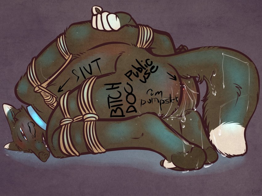 5_fingers anthro anus arms_tied arrow_pointing_to_face arrow_sign balls bdsm bent_over black_body black_fur black_nose blue_eyes blush bodily_fluids body_writing bondage bound butt claws clenched_fingers collar copyright_symbol cum cum_drip cum_in_ass cum_inside cum_on_butt cum_on_feet cum_on_tail degradation dipstick_ears dipstick_tail directional_arrow dripping ear_markings ears_back eyes_mostly_closed feet fingers fluffy fluffy_tail folded folded_legs fur genital_fluids genitals hands_behind_back head_on_ground helpless humiliation kneeling leaking_cum legs_tied looking_at_viewer low-angle_view male markings messy multicolored_ears narrowed_eyes on_ground open_mouth penis_drawing perineum petplay pivoted_ears plantigrade public_use puppyplay questionable_consent raised_tail rear_view restraints roleplay rope rope_bondage sexist_slur side_view simple_background slim slur solo submissive submissive_male sweat symbol tail tail_markings teeth text three-quarter_view tiptoes white_ear_tips white_fingertips white_tail_tip white_toes writing_on_belly writing_on_butt writing_on_face kaputotter shadow_(wolf119) canid canine canis mammal wolf 2017 4:3 artist_name english_text