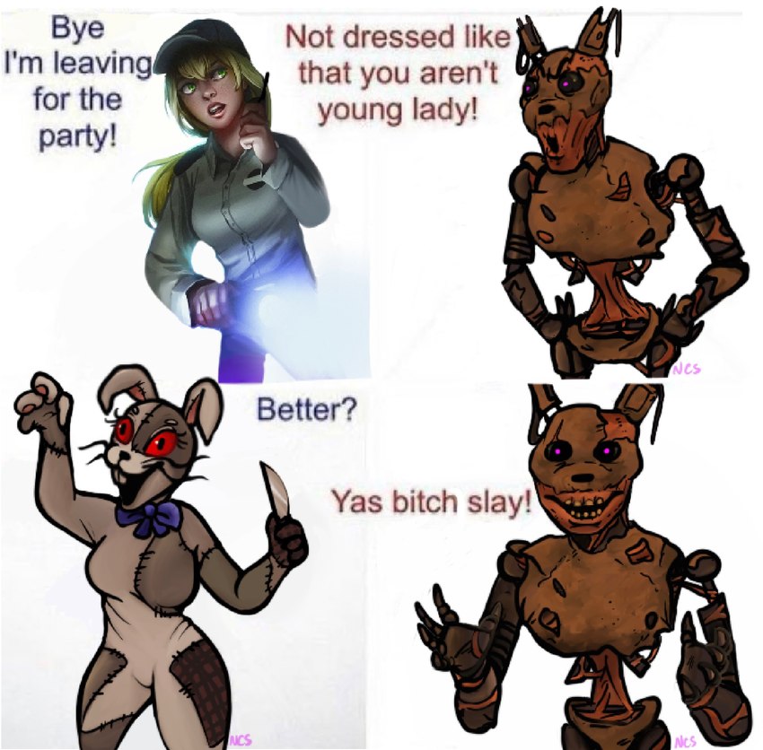 anthro bow_ribbon buckteeth clothed clothing comparing dialogue duo female flashlight hair hat headgear headwear humor knife machine male patch_(fabric) profanity red_eyes simple_background smile standing teeth text whiskers white_background ncs five_nights_at_freddy's five_nights_at_freddy's:_security_breach scottgames steel_wool_studios yas_bitch_slay burntrap_(fnaf) vanessa_(fnaf) vanny_(fnaf) william_afton_(fnaf) animatronic human lagomorph leporid mammal rabbit robot 2022 digital_media_(artwork) english_text hi_res meme multiple_scenes