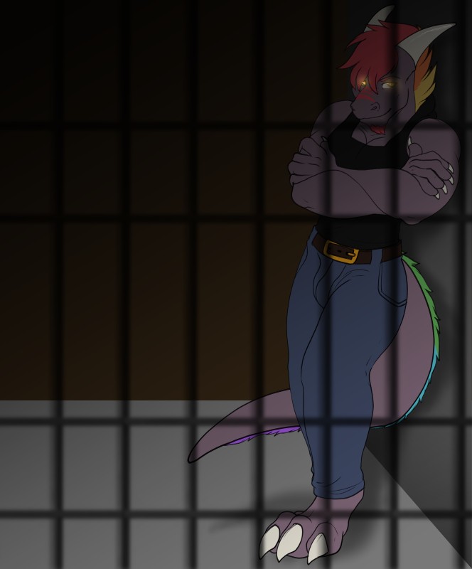 anthro arrested bars belt biceps claws clothed clothing dark enticing glowing glowing_eyes hair leaning leaning_on_wall locked_up looking_at_viewer male multicolored_hair muscular muscular_anthro muscular_male prison rainbow_hair solo standing tail slushee. mythology loki_rel_zephyr demon dragon mythological_creature mythological_scalie scalie absurd_res digital_media_(artwork) hi_res