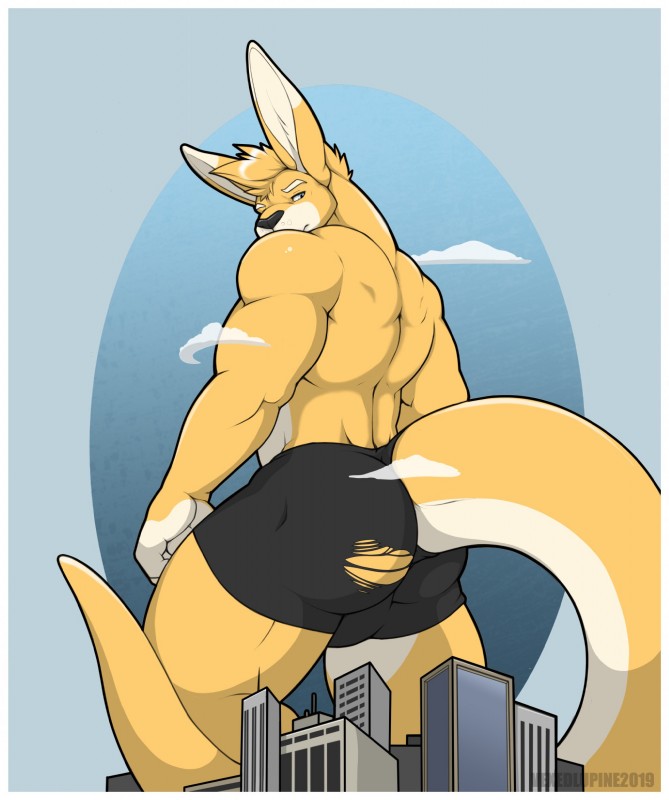 anthro ass_ripped bulge butt clothed clothing looking_back macro male muscular muscular_anthro muscular_male solo standing topless topless_anthro topless_male torn_clothing vexedlupine solaxe kangaroo macropod mammal marsupial absurd_res hi_res