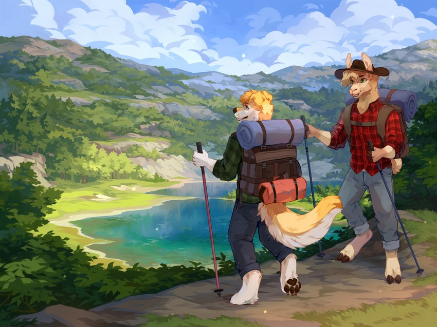 anthro backpack barefoot biped black_pawpads blonde_hair blue_bottomwear blue_clothing blue_eyes blue_pants blue_sky bottomwear brown_hooves brown_pawpads cheek_tuft clothed clothing cloud day detailed_background digitigrade duo facial_tuft feet fingers floppy_ears fully_clothed fur grass green_clothing green_eyes green_topwear hair hooves male open_mouth outside pants pawpads plant red_clothing red_topwear rock sky smile standing tail tan_body tan_fur tan_hair toes topwear tree tuft white_body white_fur yellow_body yellow_fur corzh77 camelid canid canine canis domestic_dog llama mammal hi_res