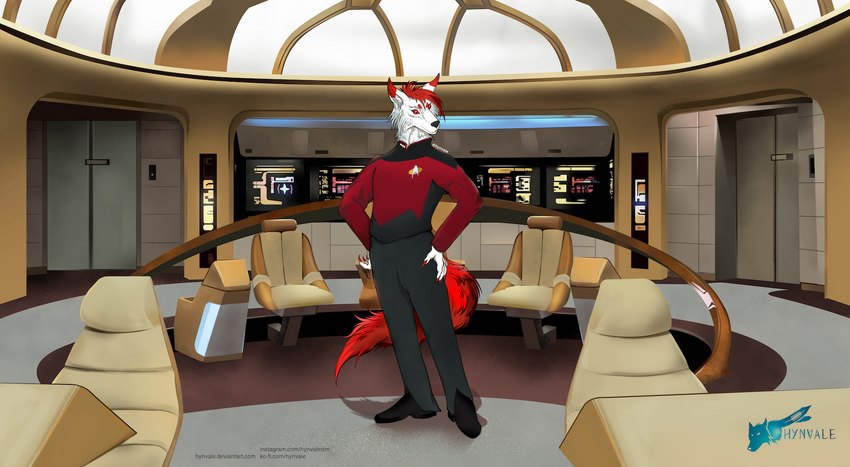 anthro black_clothing chair clothing cockpit computer confusion corner costume door electronics furniture hair inside lamp looking_at_another male red_clothing red_eyes solo spacecraft spaceship_interior technology vehicle wall_(structure) white_body hynvale star_trek star_trek_the_next_generation chivalrythewolf canid canine canis mammal wolf hi_res