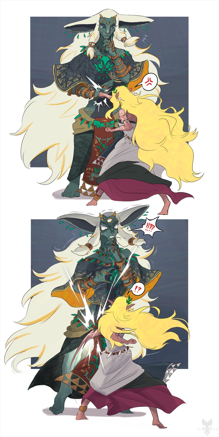 anthro attack blocking_punch blonde_hair clothed clothing crotch_attack duo ear_piercing female fur genital_torture grey_body hair horn humanoid_pointy_ears jewelry long_hair male piercing pointy_ears white_hair tenebscuro nintendo tears_of_the_kingdom the_legend_of_zelda rauru_(tears_of_the_kingdom) sonia_(tloz) human humanoid hylian mammal zonai absurd_res hi_res