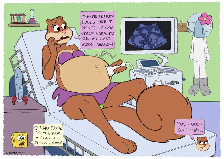 anthro belly big_belly bikini bikini_bottom bikini_top buckteeth clothing countershading curling_tail dialogue diving_helmet duo equipment female fetus fur holding_object leaning leaning_backward male medical_examination medical_instrument model_spaceship navel open_mouth outie_navel pregnant pregnant_anthro pregnant_female scientific_instrument screen sitting sound_effects spacesuit speech_bubble swimwear tail tail_between_legs teeth text tongue two-piece_swimsuit ultrasound vial wide_eyed convexpert nickelodeon spongebob_squarepants sandy_cheeks spongebob_squarepants_(character) alien mammal marine rodent sciurid sea_sponge tree_squirrel 2021 english_text