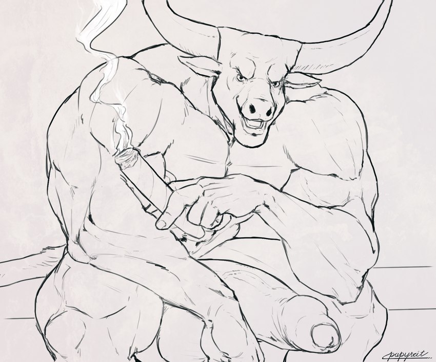 abs anthro arm_support balls big_balls big_muscles big_penis cigar foreskin genitals holding_cigar holding_object horn huge_muscles huge_penis leaning leaning_forward leaning_on_elbow lips looking_at_viewer male muscular muscular_anthro muscular_male navel nipples open_mouth pecs penis sitting smile smiling_at_viewer smoke solo tail teeth tongue papyreit bovid bovine cattle mammal hi_res