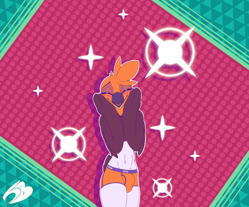 anthro beak blush bottomwear boxer_briefs brown_body brown_feathers clothing dotted_background eyes_closed feather_hands feathers hand_on_head happy male orange_body orange_bottomwear orange_clothing orange_feathers pattern_background purple_bottomwear purple_clothing simple_background slim solo sparkles standing tan_beak tight_clothing underwear white_body white_feathers y2k_(graphic_design) ovorange cercy avian bird cardinal_(bird) oscine passerine red-capped_cardinal tanager 2019