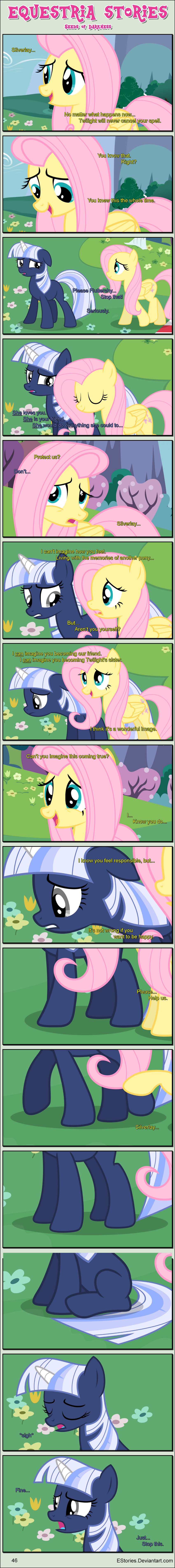 bandage bandaged_horn bangs black_border border concern cutie_mark dialogue duo ears_down ears_up eyes_closed female feral flower folded_wings frown grass horn open_mouth pivoted_ears plant sigh sitting standing text wings estories friendship_is_magic hasbro my_little_pony mythology fluttershy_(mlp) silverlay_(estories) equid equine mammal mythological_creature mythological_equine pegasus unicorn absurd_res comic english_text hi_res long_image tall_image url