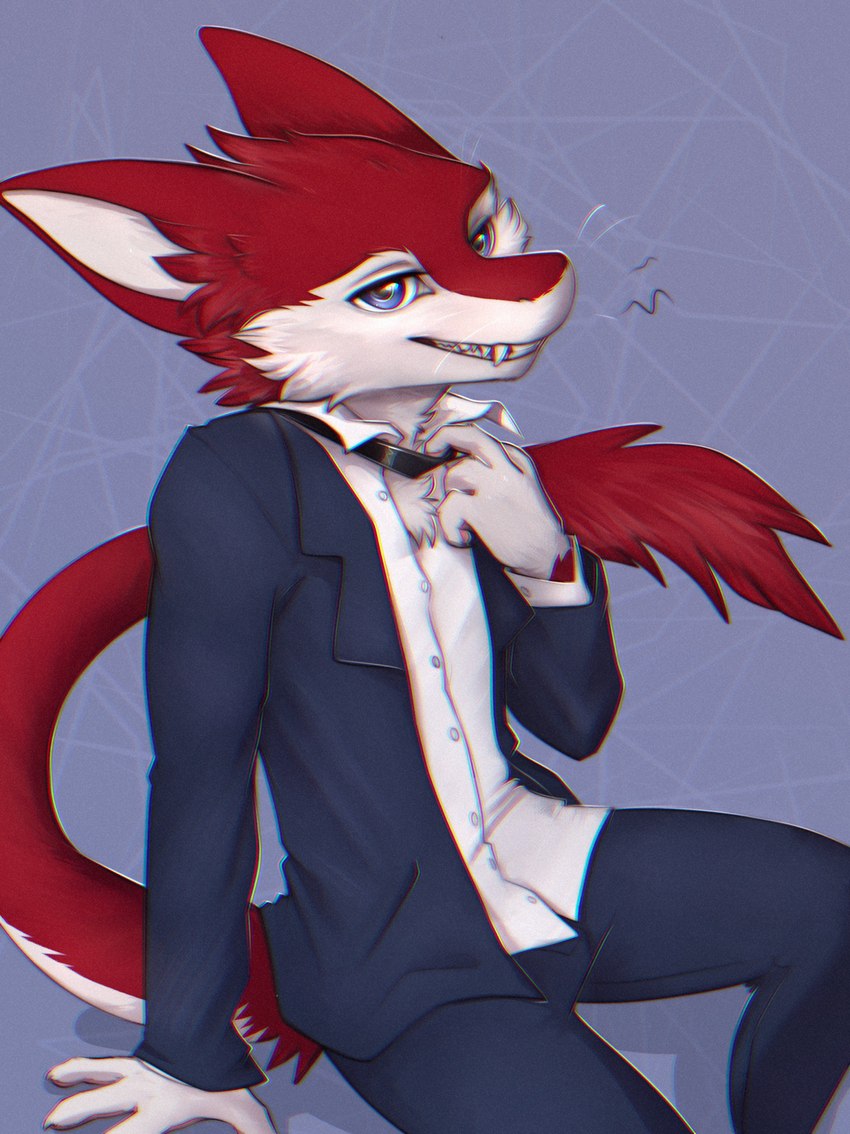 anthro blue_eyes clothed clothing fangs fully_clothed fur grin looking_at_viewer male purple_background red_body red_fur red_tail simple_background sitting smile solo suit tail teeth whiskers white_body white_fur yshanii cassius_(oldmancassius) sergal 2023 digital_media_(artwork) hi_res