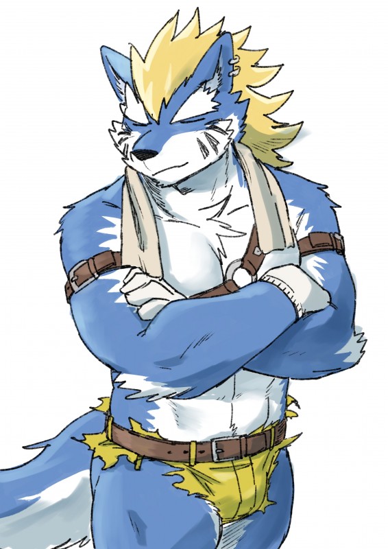 anthro belt clothed clothing fur male muscular muscular_anthro muscular_male simple_background solo white_background royalsobatya lifewonders tokyo_afterschool_summoners fenrir_(tas) canid canine canis mammal wolf 2018 absurd_res hi_res