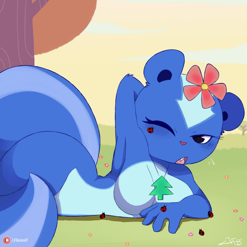 air_freshener anthro blue_body blush breasts curvy_figure fangs featureless_breasts female head_flower one_eye_closed pose raised_arm teeth j.fbelen happy_tree_friends petunia_(htf) arthropod beetle cucujoid insect ladybug mammal mephitid skunk 1:1 2024 cel_shading digital_drawing_(artwork) digital_media_(artwork) hi_res shaded