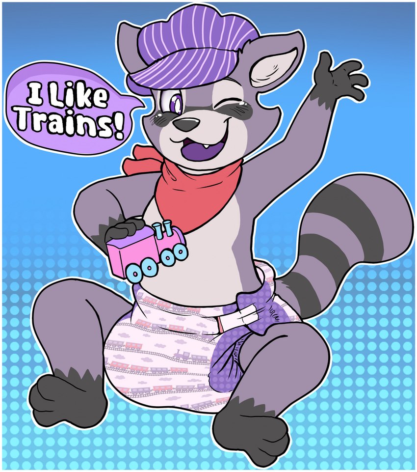 ageplay anthro clean_diaper clothed clothing diaper diaper_only gesture happy infantilism male one_eye_closed playing_with_toys purple_tongue roleplay short_fingers sitting solo tongue topless train vehicle waving waving_at_viewer wink young charry indigo_park rambley_raccoon mammal procyonid raccoon hi_res