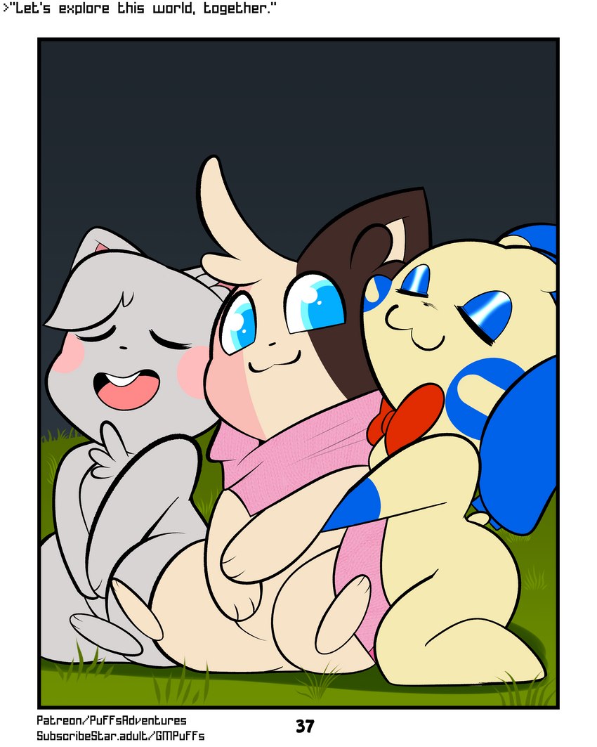 :3 blue_body blue_eyes blue_eyeshadow blue_fur blue_mascara bow_tie eyeshadow female fur grass grey_body grey_fur group hug long_ears makeup male neapolitan_fur open_mouth plant red_cheeks scarf semi-anthro smile tan_body tan_fur text softestpuffss nintendo pokemon pokemon_mystery_dungeon rodent_powered_(softestpuffss) spike_chunsoft munchy_(rodent_powered) peach_(rodent_powered) robin_(rodent_powered) generation_3_pokemon generation_5_pokemon minccino minun pokemon_(species) 4:5 absurd_res comic english_text hi_res