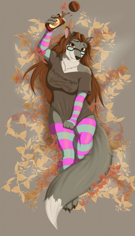 anthro autumn beverage clothed clothing coffee dakimakura eyewear female food fruit glasses plant pumpkin solo garr_(artist) garr canid canine canis hybrid mammal wolf wolfdog dakimakura_design hi_res