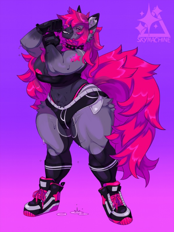 anthro big_breasts bodily_fluids breasts clothing female hair muscular muscular_anthro muscular_female nipples pink_hair solo standing sweat thick_thighs wide_hips skymachine third-party_edit cherry.p cherrypop_(character) canid canine mammal hi_res