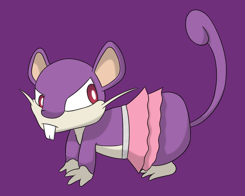 ambiguous_gender bottomwear buckteeth clothed clothing feral fur looking_back miniskirt no_underwear pink_bottomwear pink_clothing pink_skirt purple_background purple_body purple_fur quadruped red_eyes simple_background skirt skirt_only solo tail teeth ponponthebonbon nintendo pokemon generation_1_pokemon pokemon_(species) rattata 2025 5:4 digital_drawing_(artwork) digital_media_(artwork)