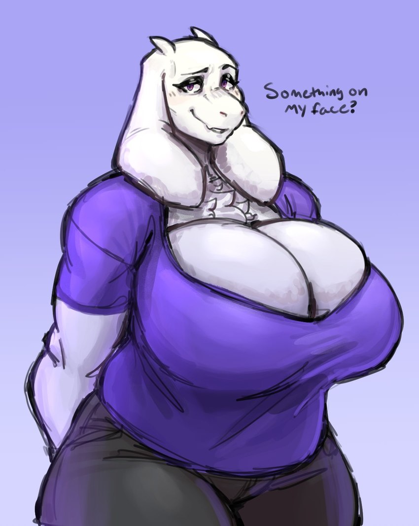 anthro big_breasts breasts cleavage clothed clothing coy curvy_figure dialogue eyeshadow female fur grin hands_behind_back horn huge_breasts long_ears makeup red_eyes shirt smile solo topwear voluptuous voluptuous_female white_body white_fur s_miles_art undertale_(series) toriel boss_monster_(undertale) bovid caprine goat mammal hi_res