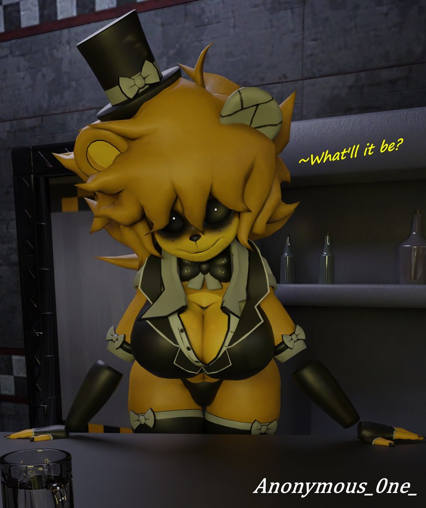 anthro big_breasts bottle bow_ribbon breasts clothed clothing container crossgender dialogue female hat headgear headwear mtf_crossgender question_mark skimpy solo text top_hat anonymous_0ne five_nights_at_freddy's fredina's_nightclub scottgames golden_freddy_(fnaf) golden_fredina_(cally3d) bear ghost mammal spirit 2023 3d_(artwork) absurd_res digital_media_(artwork) english_text hi_res