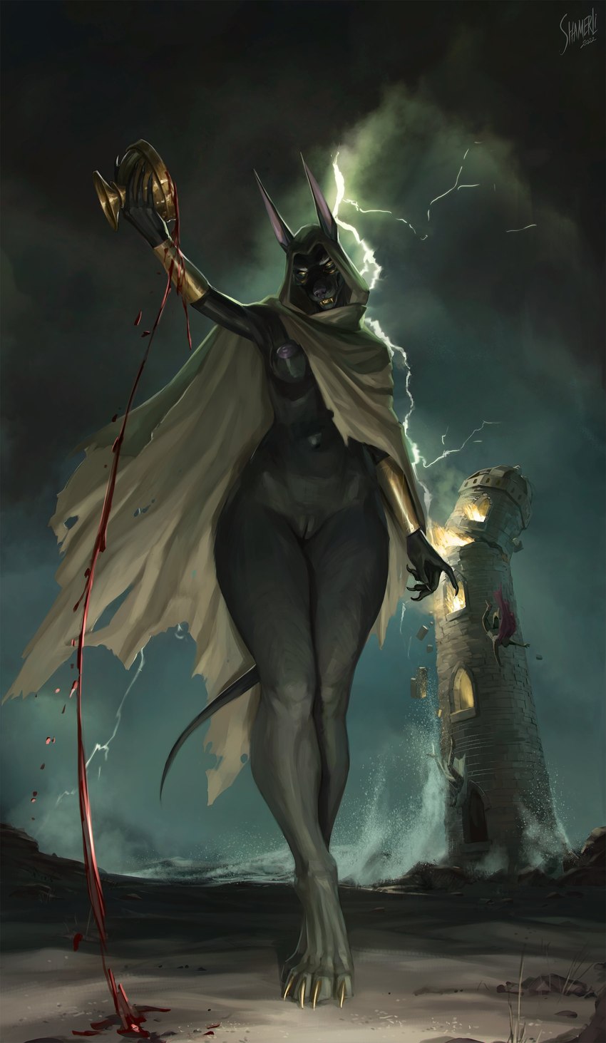 anthro black_body bottomless bottomless_anthro bottomless_female breasts card card_template clothed clothing container cup falling female female_focus fortune_telling genitals goblet grin group hood long_ears looking_at_viewer major_arcana nipples one_breast_out pussy robe smile solo_focus tarot tarot_card the_tower_(tarot) tower trio shamerli anubian_jackal canid canine canis jackal mammal 2022 absurd_res alternate_version_at_source full-length_portrait hi_res portrait