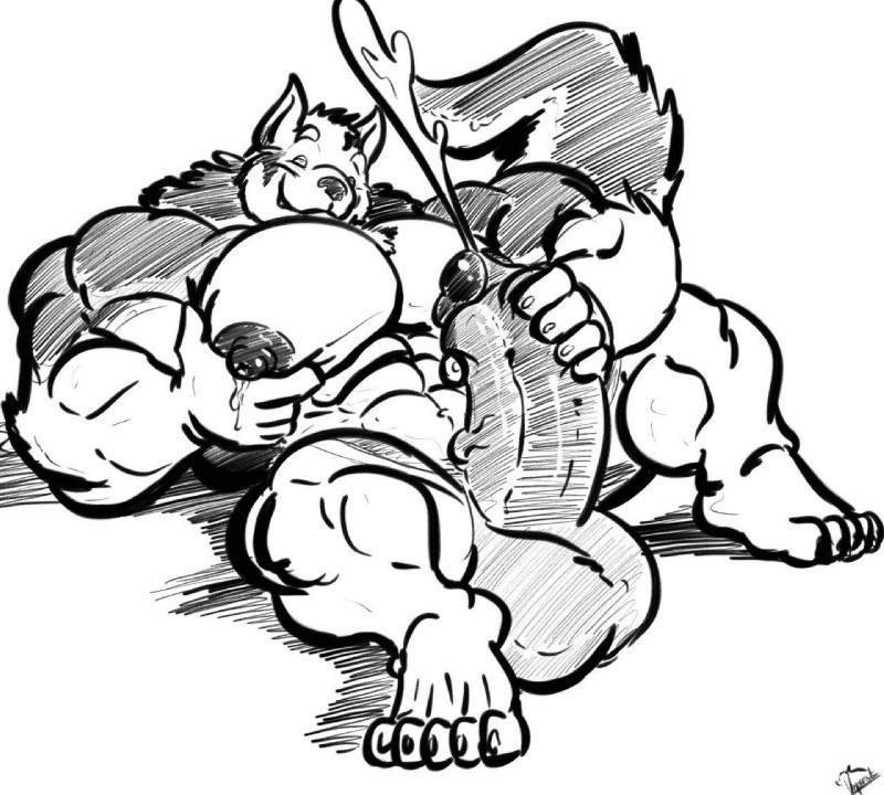 anthro balls big_balls big_muscles big_nipples big_penis bodily_fluids cum cumshot ejaculation foreskin genital_fluids genitals huge_muscles huge_penis hyper hyper_genitalia hyper_penis lactating male male_lactation milk muscular muscular_anthro muscular_male nipples orgasm pec_milking penis solo thick_penis uniparasite haku_(maneater) alaskan_malamute canid canine canis domestic_dog hybrid mammal nordic_sled_dog spitz wolf monochrome