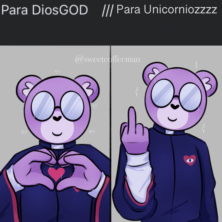 anthro black_nose eyewear glasses heart_symbol humanoid_hands priest purple_body solo text yagamikuro67 unicorn_wars padre_(unicorn_wars) bear mammal 1:1 2023 hi_res spanish_text