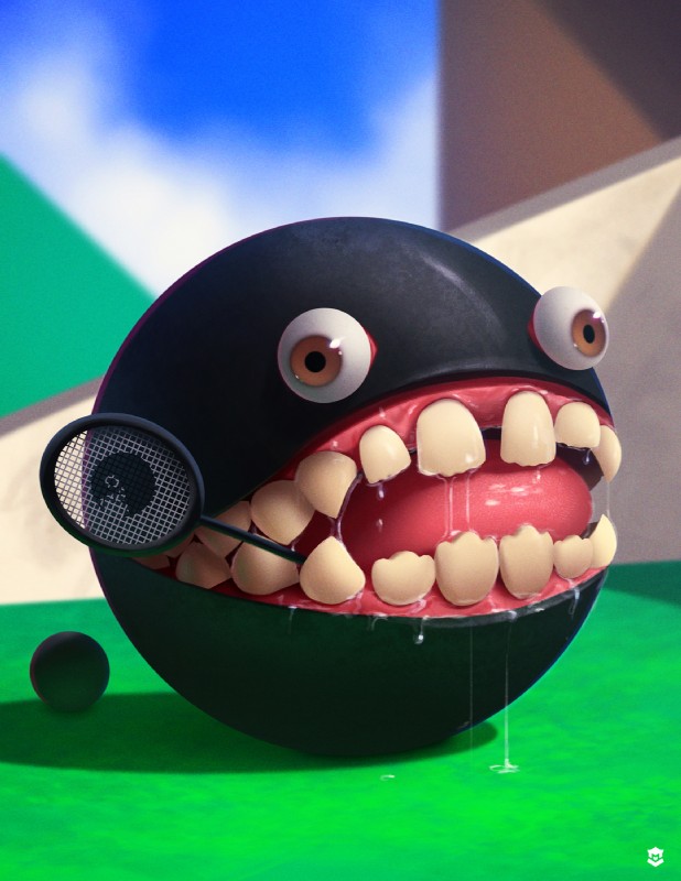 ambiguous_gender bald big_mouth_(anatomy) bodily_fluids brown_eyes bulging_eyes cross-eyed derp_eyes drooling gums nightmare_fuel not_furry nude open_mouth outside realistic saliva sharp_teeth solo sport teeth tennis tennis_racket tongue what marcos_lopez mario_bros mario_tennis mario_tennis_aces nintendo chain_chomp sphere_creature hi_res